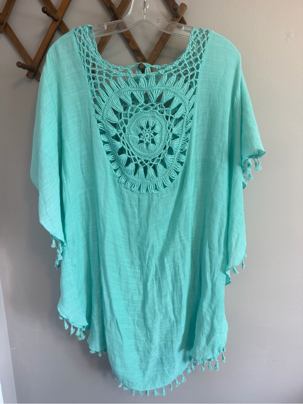 Unbranded Crochet Medallion Back Fringe Poncho Swim Cover Up Turquoise OS